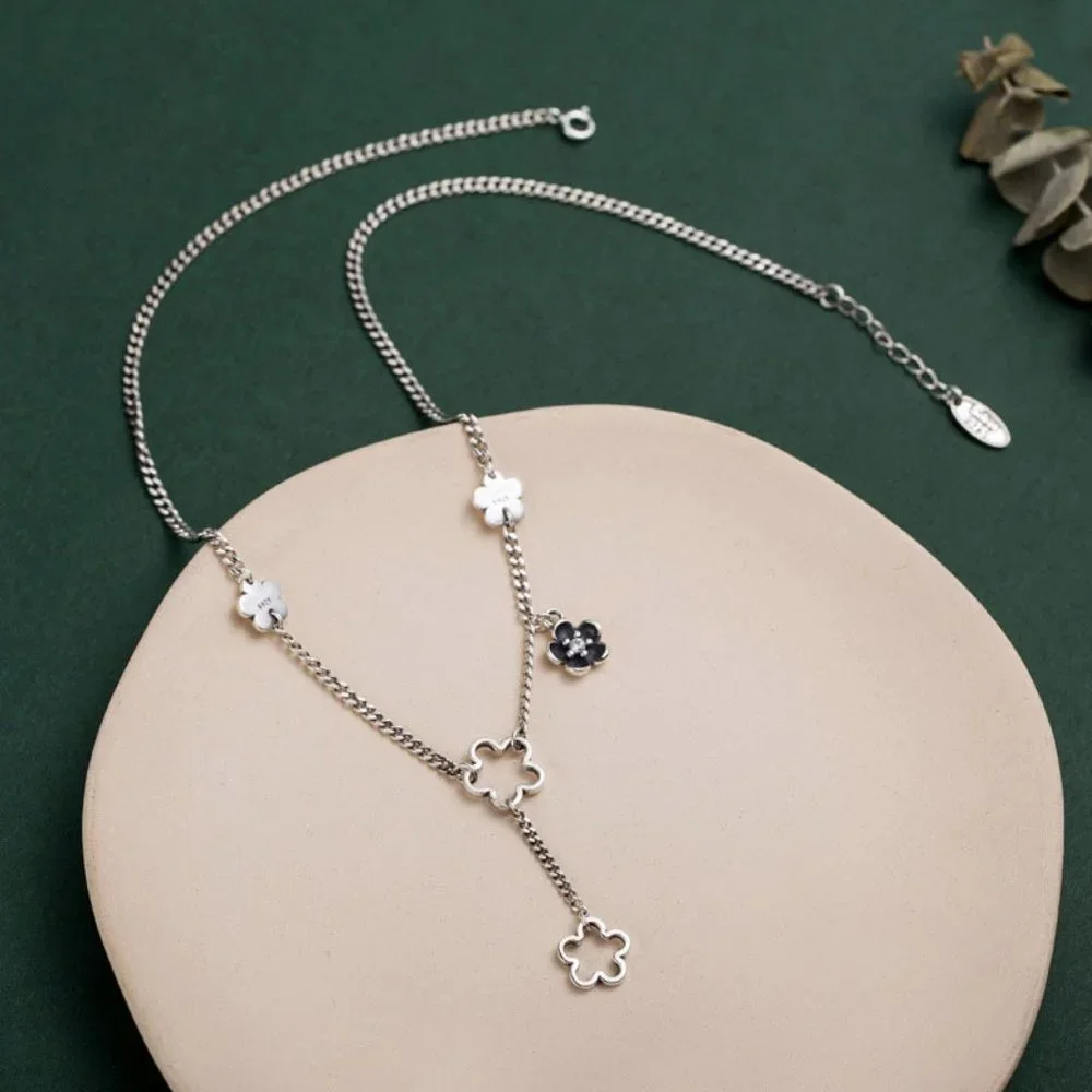 #NEW 925 Sterling Silver Flower Drop Link Chain Necklace